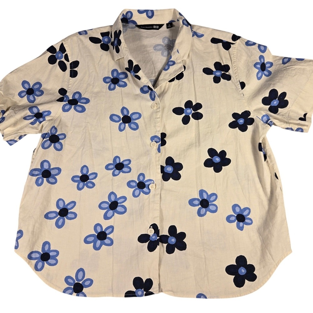 Uniqlo x Marimekko Floral Linen Blend Short Sleeve Button Down Shirt Cream Blue